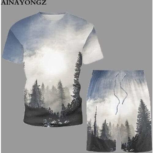 2021 Summer Fashion Clothing Male Female Trend T-Shirt Suit Landscape Painting Print Mens Tracksuit 2 Piece Plus Size Short Set
