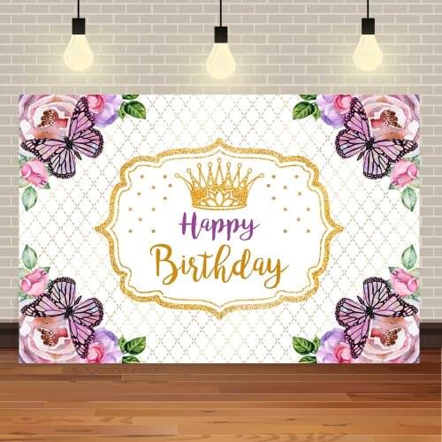Seekpro Happy Birthday Colourful Butterfly Pink Watercolor Flower Baby Shower Crown Princess DIY Backdrop Photography Background