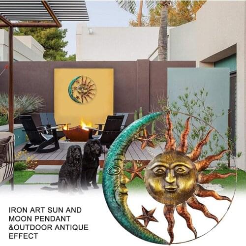 Newly Metal Wall Art Decoration Creative Sun Moon Statue Hanging Ornaments Decor for Home Living Room Garden