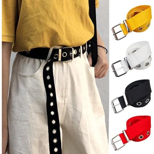 New Long Personality Harajuku Women Metal Pin Buckle Belt with Eyelet Students Jean Canvas Waist Belts Fashion Hip Hop Waistband