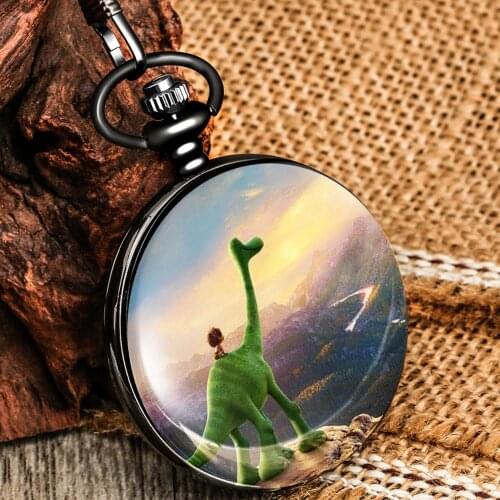 Cute Green Dinosaurs And Kid Watching Dusk Pocket Watch Boy Quartz Generous White Dial Girl Alloy Case Thick Chain Pendant Watch