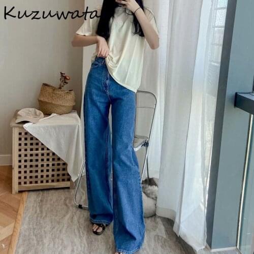 Kuzuwata High Waist Hip Button Design Denim Pants Women Pocket Loose Causal Pantalones Mujer Spring Summer 2021 New Trousers