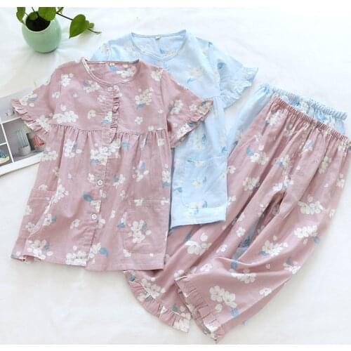 Fdfklak 2021 Womens Pajamas Set New Summer Style Fashion Pink Floral Print Sleepwear Gauze Cotton Home Clothes Nightwear