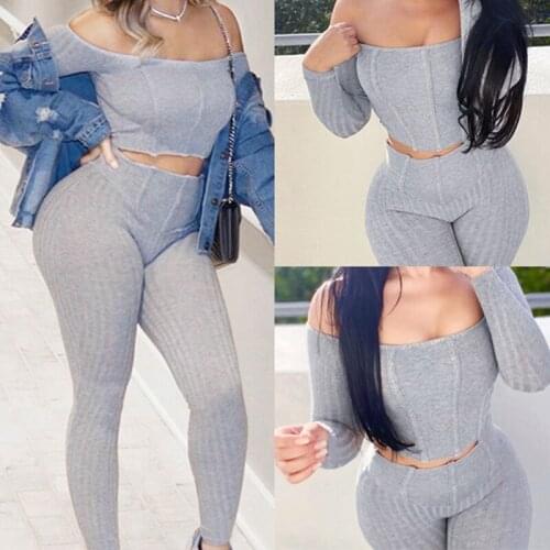 High Street Style Cotton Long Sleeve Slash Neck T-shirt Long Pants Solid 2 Piece Women Set Fashion Womens Set