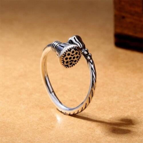 Season Gate 925 Sterling Silver Retro Personality Seedpod of Lotus Adjustable Size Open Ring for Women Girls SR054