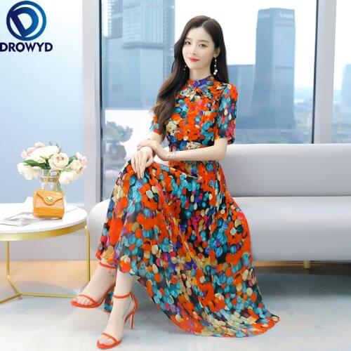 2021 New Summer Beach Dress for Women Fashion Casual Short Sleeve Female Elegant Red Print Floral Chiffon Party Dress Vestidos