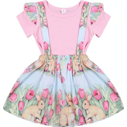 2021 Fashion Hot Toddler Baby Girl Short Sleeve Pink Tops T-shirt+Flower Bunny Skirt Kids Outfits 2pcs Clothes Set