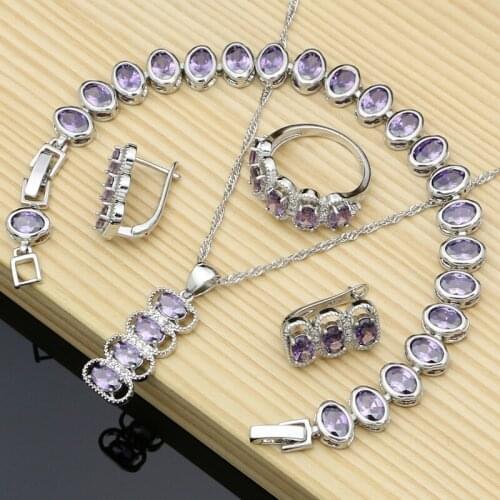 925 Sterling Silver Bridal Dubai Jewelry Sets For Women Purple CZ Earrings Rings Dropshipping Necklace Set Fashion Gift For Her
