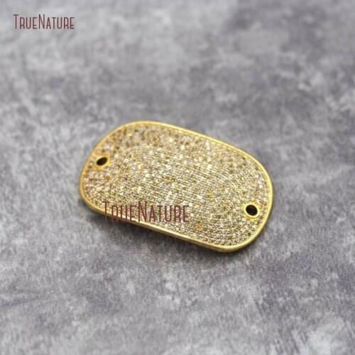 Brilliant Large Curved Dog Tag Connector Gold CZ Pendant Clear Zircon Cubic Zirconia Inlaid Rectangle Copper Focal Charm PC26748
