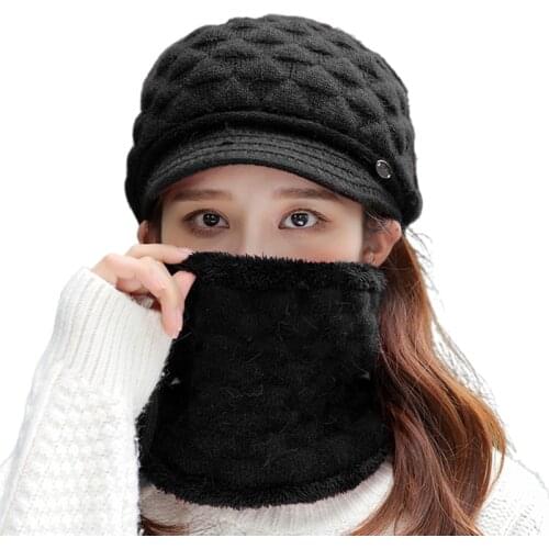 Women Winter 2Pcs Set Visor Brim Chunky Knit Beanie Hat with Circle Scarf Plush Lining Skull Baseball Cap Neck Warmer