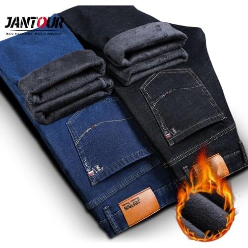 Jantour Mens Winter Thicken Fleece Jeans Stretch Denim Warm Jeans For Men Designer Brand Long Pants Jean Black/Blue 28-40 44 46