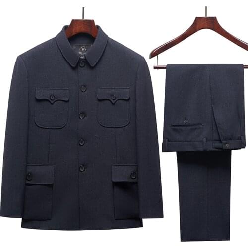 Man Dark Grey Tunic Suit Set Chinese Male Mao Suit Coat With Pants 2 Pieces Set Zhongshan Blazer Jacket And Trouser Twinset Wear