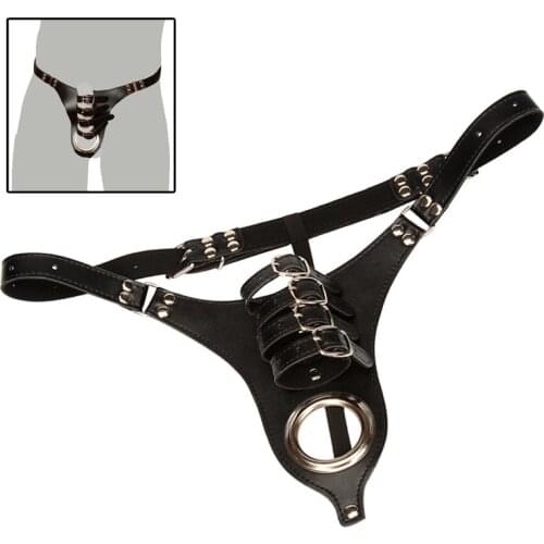 Men Leather Panties Thong Sex Lingerie Chastity Belt Male Chastity T-back Thongs with Cock Ring Penis Bondage Exotic Accessories