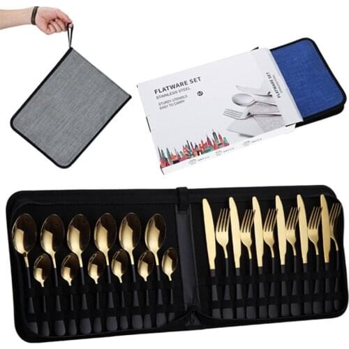 24pcs Portable Dinnerware Set Stainless Steel Tableware Set Knife Fork Spoon Gold Cutlery Set Gift Box Flatware Dishwasher Safe