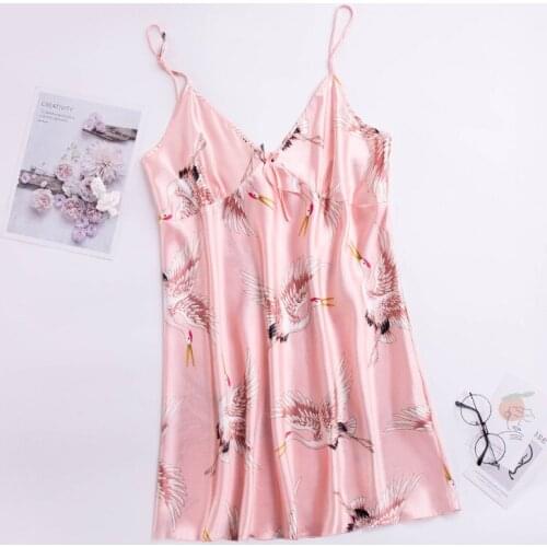 Sling Nightdress Female Summer Silk Sexy Korean Style Thin Beautiful Back Nightdress with Flying Crane Print Plus Size Homewear
