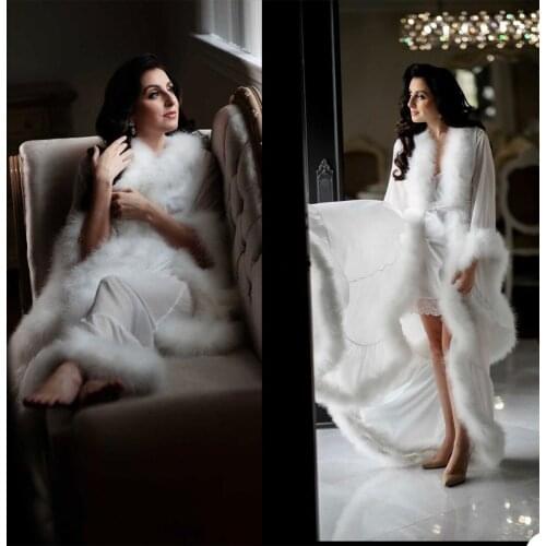 New Latest Elegant Women Robe Gown Custom Made Long Feather Sleeve V Neck Bath Dress With Belt For Photo Wear Pajamas
