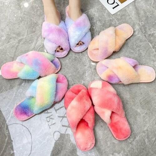 New Style Fur Slippers Fashion Women Winter Slipper Colorful Cross Warm Indoor Slippers Soft Ladies Home Shoes