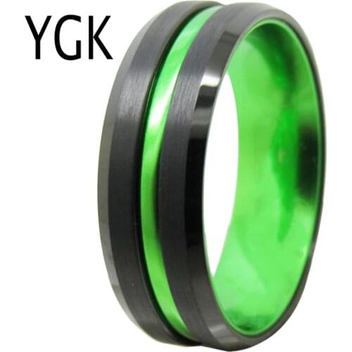 Tungsten Carbide Wedding Band Rings Anniversary Gift Engagement Ring Black Beveled Tungsten Ring with Green-Anodized Aluminum
