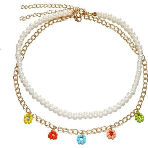 2 Pcs/Set Boho Multicolor Beaded Necklaces For Women Bohemian Gold Color Metal Chain Handmade Beads Flower Necklace Jewelry