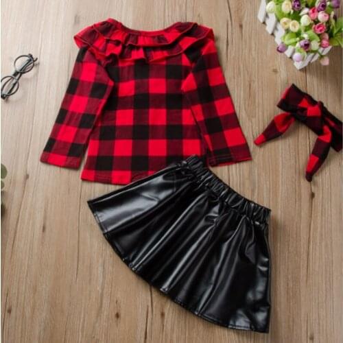 Emotion Moms Babygirl dress round neck long sleeve black leather skirt suit children fall childrens wear Girls Clothes