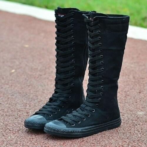 Ladies' Boots Fashion Canvas Knee-high Boots Side Zipper Ladies Lace-up Flat Boots Dance Shoes Women Shoes