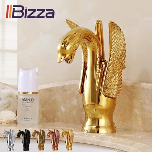Basin Faucets New Design Swan Faucet Gold Plated Wash Basin Faucet Hotel Luxury Copper Gold Mixer Taps hot and cold Taps 1601