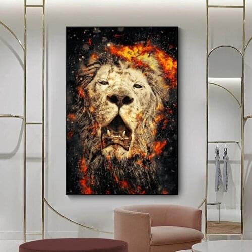 Modern Posters Wall Art Painting Animal Art Canvas Prints Wall Lion Head with Fire Picture for Living Room Decoration Cuadros