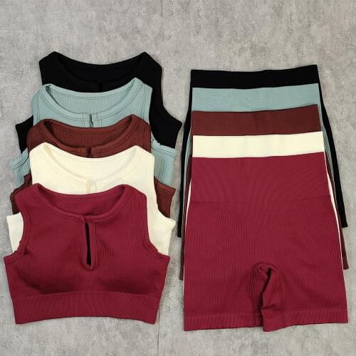 V Neck Ribbed Yoga Sets Workout Clothes for Women Sportswear Fitness Suit Seamless U Neck Sport Shorts Set Gym Clothing Outfits