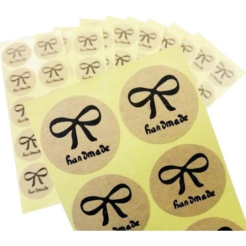 1200 Pcs/lot Vintage Round Handmade With Bow Stickers Kraft Label Sticker DIY Hand Made For Gift Cake Baking Sealing Sticker