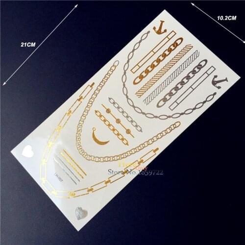 1PC Flash Temporary Tattoo Sticker Gold Silver Necklace HGLH7 Glitter Anchor Heart Waterproof Tattoo Men Women chain Fake Tatoos