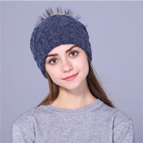 Women Fashion Winter Warmer Knitted Woolen Hat Big Pom Pom Fox Fur Ball Ladies Keep Warm Soft Beanie Cap Lovely Girls Party Gift