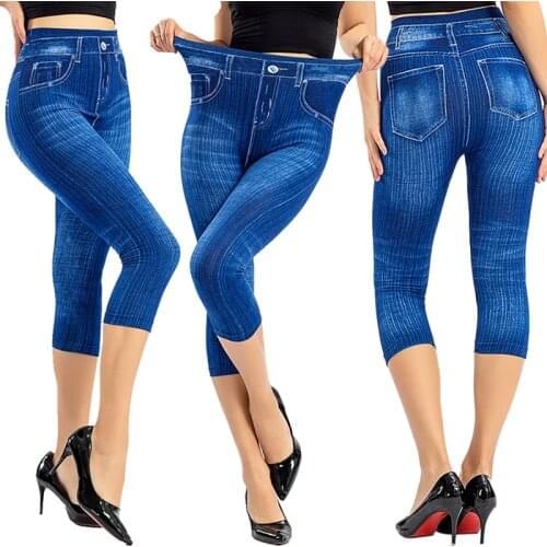 Women Denim Print Leggings Fashion Slim Leggings Faux Jeans Leggings Stretch Printed Short Leggins Pants Summer Breeches 2021