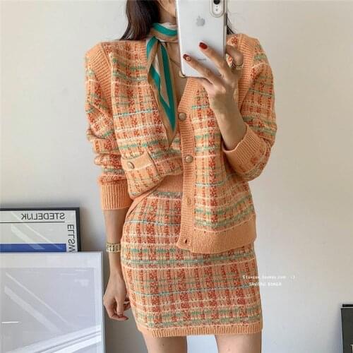 2021 Spring Autumn Women Set Sweater Fashion Loose Plaid Knitting Cardigans+skirt Female Set Ensemble Femme Two-piece Suit