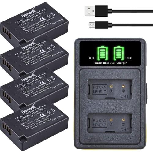 4Pcs 1350mAh LP E17 LP-E17 Batteries + LED Built-in USB Dual Charger for Canon EOS RP Rebel SL2 SL3 T6i T6s T7i M3 M5 M6