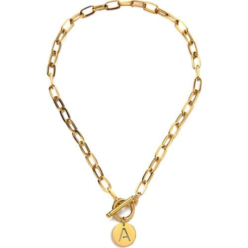 Stainless Steel Paper Clip Link Chain Customize Letter Initial Alphabet Pendant Necklace For Women Toggle Choker Name Jewelry