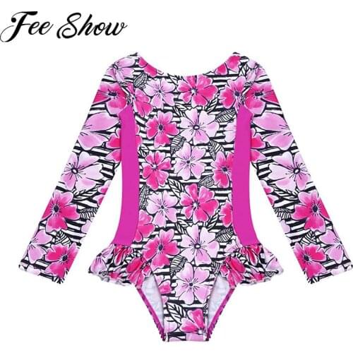 Kids Girls One-piece Swimwear Rash Guards Long Sleeve Ruffle Trim Swimming Jumpsuit Swimsuit Bodysuit for Beach Swimming Bathing