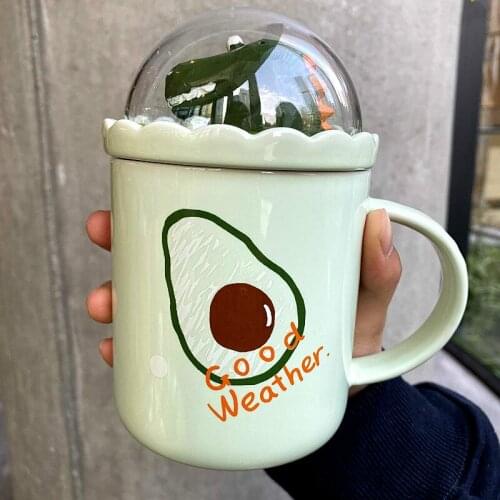 Household mug with lid spoon girl heart cute soft cute ceramic cup avocado dinosaur breakfast cup LB010215