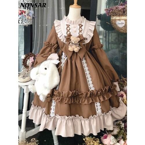 NONSAR Lolita Elegant Blue Dress With Brown Bear of New Autumn And Winter Loose Op Long Sleeve Wedding Cloth 2021