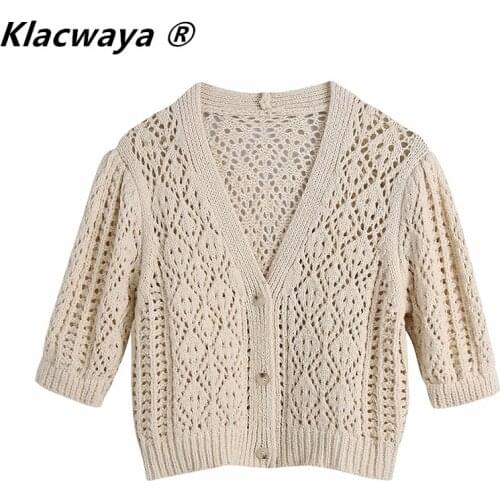 Klacwaya Women 2021 Fashion Hollow Out Cropped Knitted Cardigan Sweater Vintage V Neck Short Sleeve Female Outerwear Chic Tops