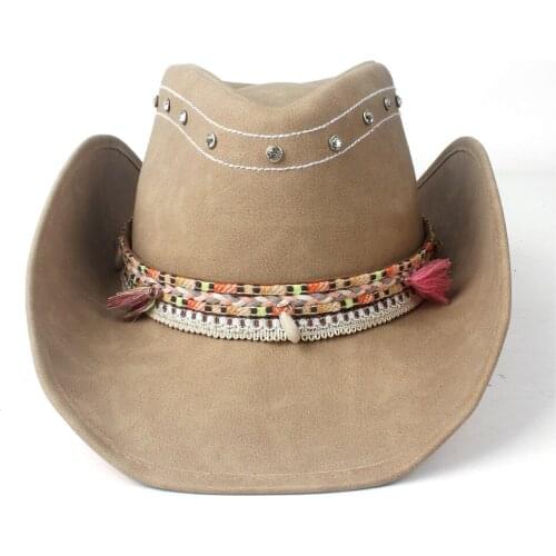 Womens Mens Unisexs Vintage Wide Brim Leather Cowboy Cowgirl Western Hat Tassel Braid Leather Band