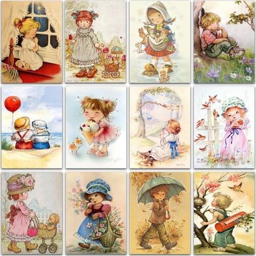 5D Diamond Painting Kit Cartoon Little Girl Boy Couple Full Square/Round Diamond Embroidery Cross Stitch Rhinestone Mosaic Decor