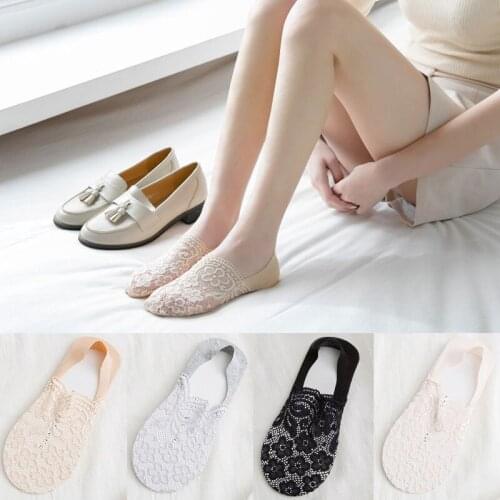 4 Color Silica Gel Lace Invisible Boat Socks Summer Hollow Out Cotton Embroidered Breathable Non-slip Thin Low Help Socks
