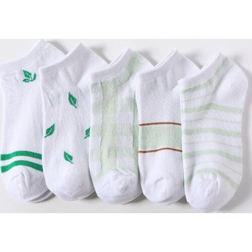 New Women Socks Cotton Thin Spring Summer White Leaf Pattern Casual Girl Sports Breathable Kawaii Crew Cute Striped Socks Pack