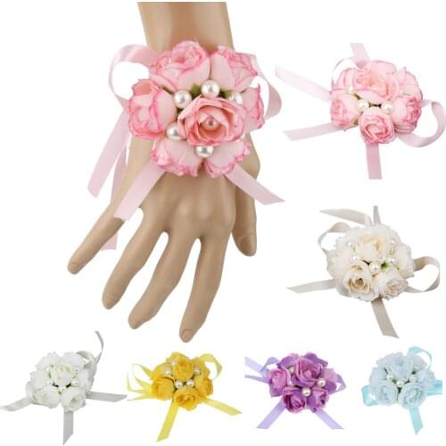 New Hot Wedding Flower Bridal Wrist Corsage Bridesmaid Sisters Bracelet Pearl Hand Flowers Supplies Home Decor Elegant Flowers