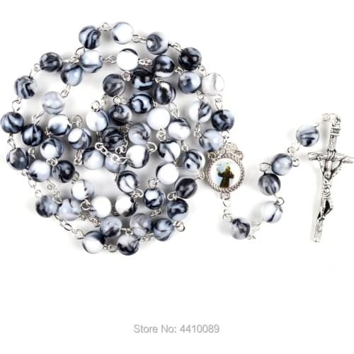 Saint Francis of Assisi Rosary Necklace Match Gray Color Acrylic Beads