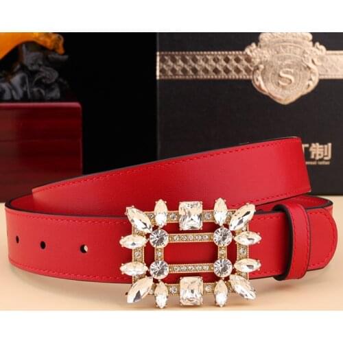 Womens belt head layer cowhide diamond-studded copper buckle business womens trousers belts womens leather belts