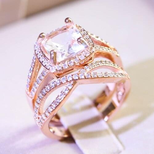 Luxury Big Square Stone Rings for Women Engagement Couple Wedding Rose Gold Cubic Zircon Finger Rings Set Fashion Jewelry Gift