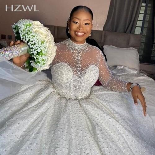 Luxury Beading Plus Size Wedding Dresses South African Sheer High Neck Long Sleeves A Line Bridal Gowns Wedding Vestidos