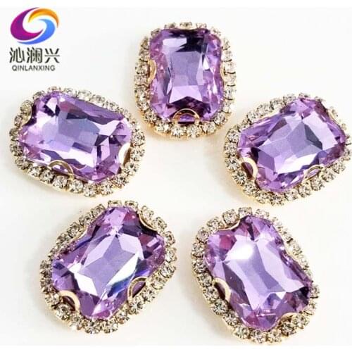 Gold bottom Crystal violet Rectangle shape top quality glass crystal buckle,sew on rhinestones for diy jewelry accessories