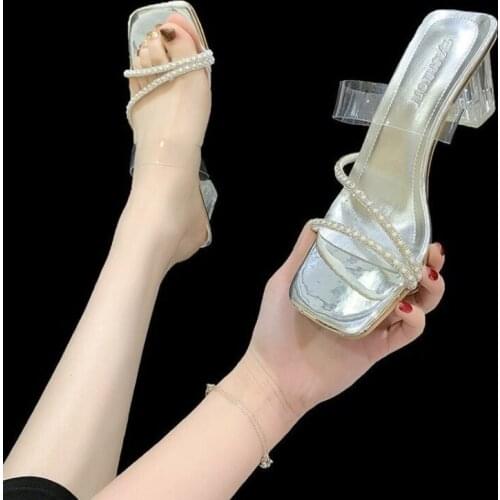 SUNNYS Womens Slippers Transparent PVC Light Rhinestone High Heel Muller Shoes Plastic Thick Heels Womens Shoes Sexy Sandles